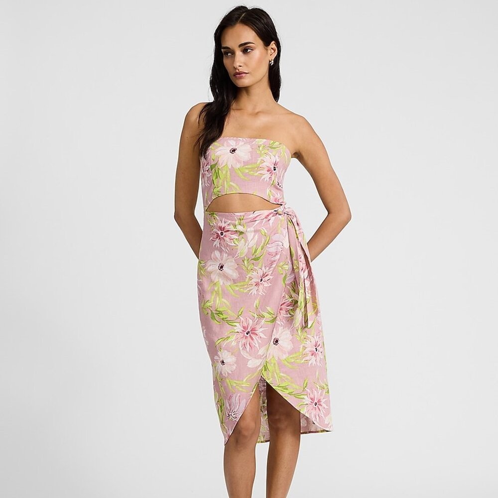 Floral Linen-Blend Strapless Cutout Tie Wrap Midi Sheath Dress *NWT*